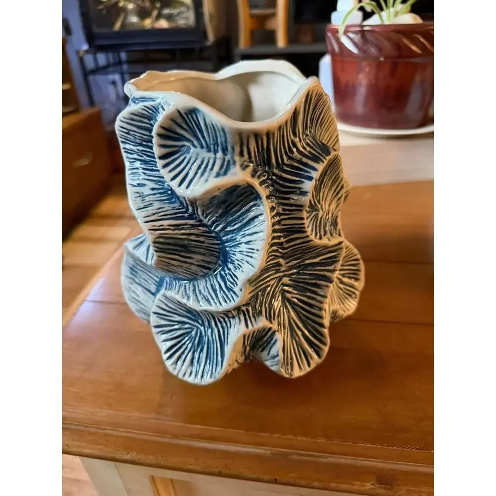 Bloomingville Sculptural Blue & White Ceramic Leaf Vase